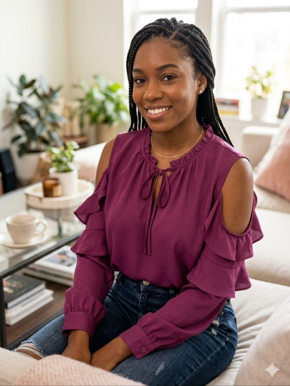 Plum Ruffle Cold-Shoulder Blouse